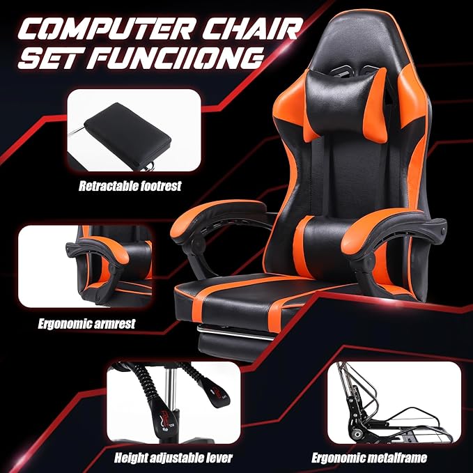 Video Game Chairs for Adults PU Leather Gaming Chair with Footrest 360°Swivel Adjustable Lumbar Pillow Gamer Chair Comfortable Computer Chair for Heavy People Orange