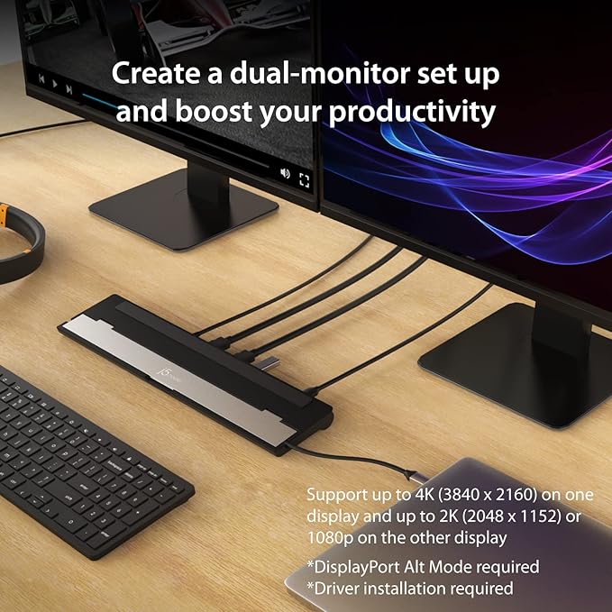 j5create USB-C Dual HDMI Docking Station (10-in-1) 4K + 1080p Dual HDMI Display 5Gbps USB-A x3 SD Card Reader PD 100W RJ45 Ethernet Combo Audio Jack for MacBook and Windows Laptop (JCD542)