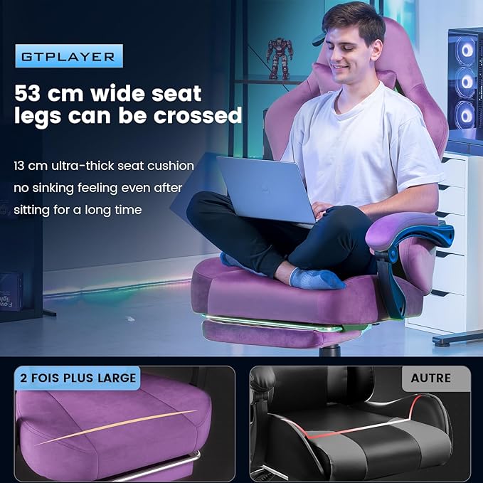 GTPLAYER Gaming Chair Fabric with Pocket Spring Cushion High Back Ergonomic Computer Chair with Footrest for Adults Lumbar Support Swivel Game Chair for Office Gaming 350LBS Light Purple