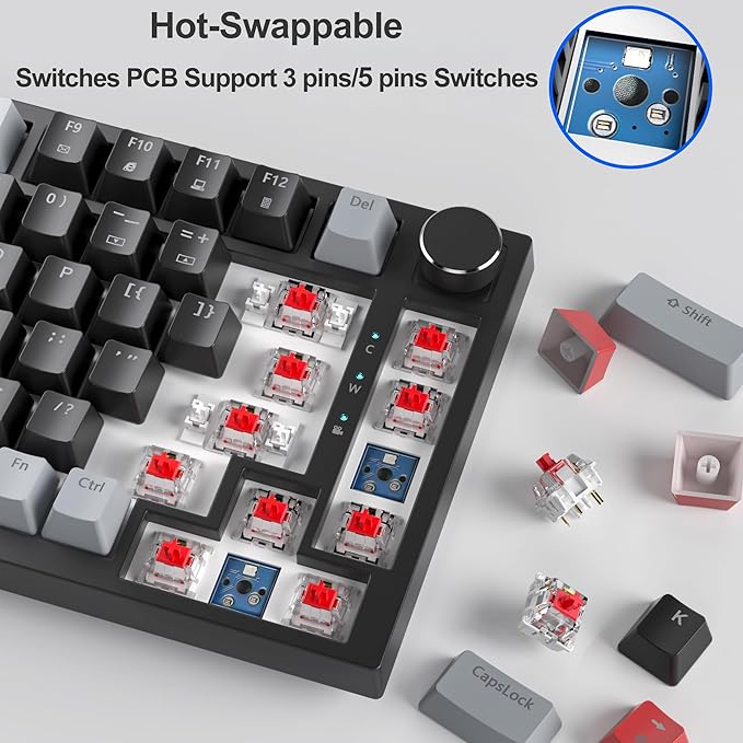 Fogruaden 75% Wired Mechanical Gaming Keyboard - 75 Percent TKL Hot Swappable Gasket Mount Red Switch RGB Backlit 82 Keys NKRO Compact with Knob (Dark)
