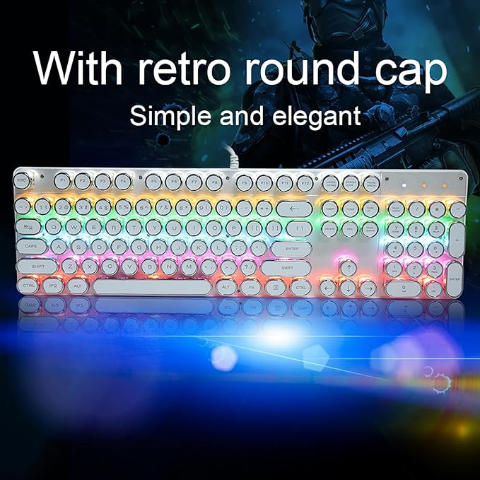 Mechanical Keyboard LED Backlit USB Wire Ergonomic Gaming Keyboard with Retro Round Computer Parts