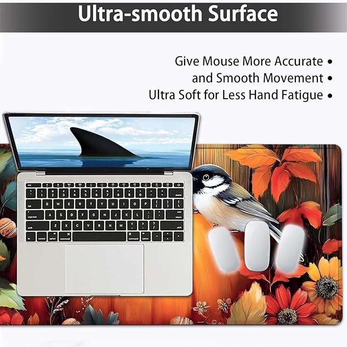 Large Mouse pad and Keyboard Support Set Ergonomic Memory Foam Keyboard Wrist Rest Extended Gaming Mouse Pad with Stitched Edges Fall Pumpkins and Bird XXL Desk Mat (31.5 X 11.8 in)