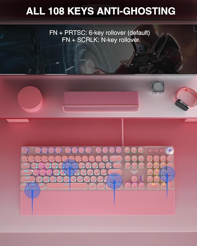 AULA F2088 Typewriter Mechanical Keyboard Pink Retro Wired Gaming Keyboard with Blue Switches Rainbow Backlit Round Keycaps Media Knob &amp Removable Wrist Rest