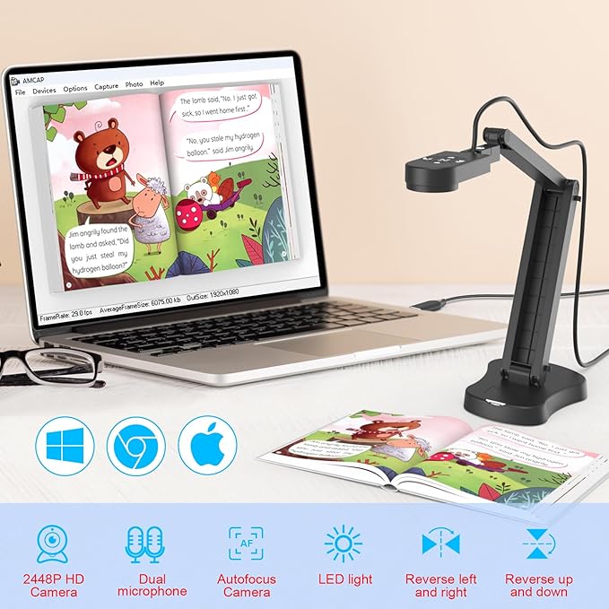 8MP Document Camera Doc Camera USB Webcam for Teachers and Classroom for A3 A4 Size Built-in Mic LED Light Image Inverst for Windows Mac Chromebook Distance Teaching