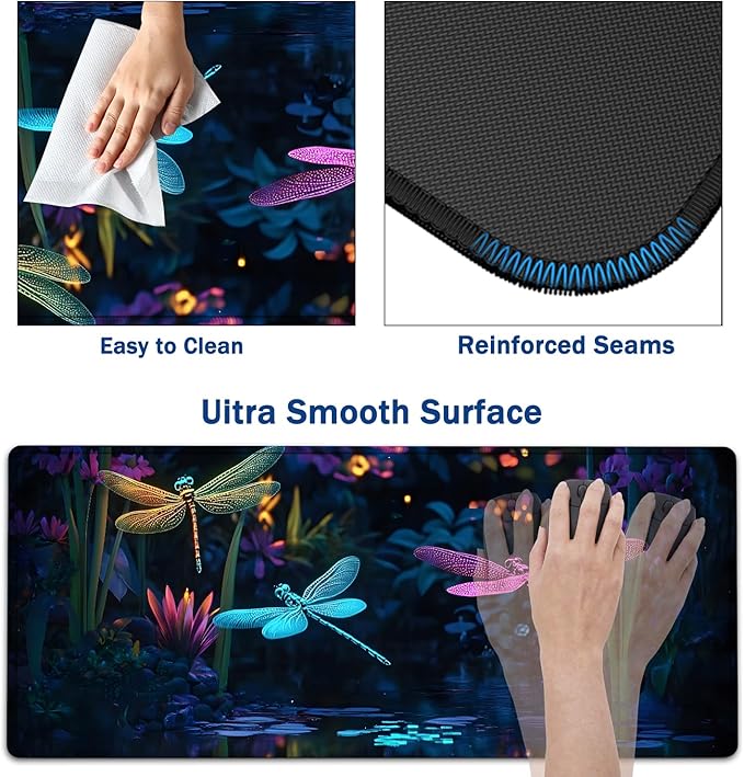 Large Mouse Pad + Keyboard Wrist Rest Set Extended Gaming Mousepad (31.5X11.8 inch) with Non-Slip Rubber Ergonomics Memory Foam Mouse Wrist Rest Support Dragonfly Colorful XXL Desk Pad