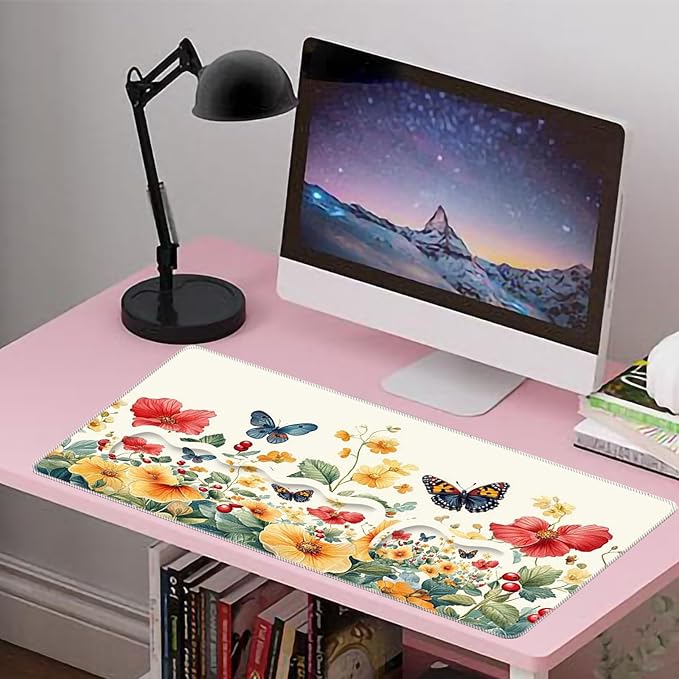 Large Mouse Pad Wrist Support SetDesk Pad+Keyboard Wrist Rest+Mouse Pad Wrist Support+Coaster4in1 XXL Big MousepadErgonomic Design Gaming Mat for Home Office TableFlowers with Butterfly