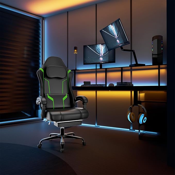 Gaming Chair with Pocket Spring Cushion &amp Footrest - Ergonomic Computer Chair with Adjustable Height Headrest &amp Swivel SeatFaux Leather Green