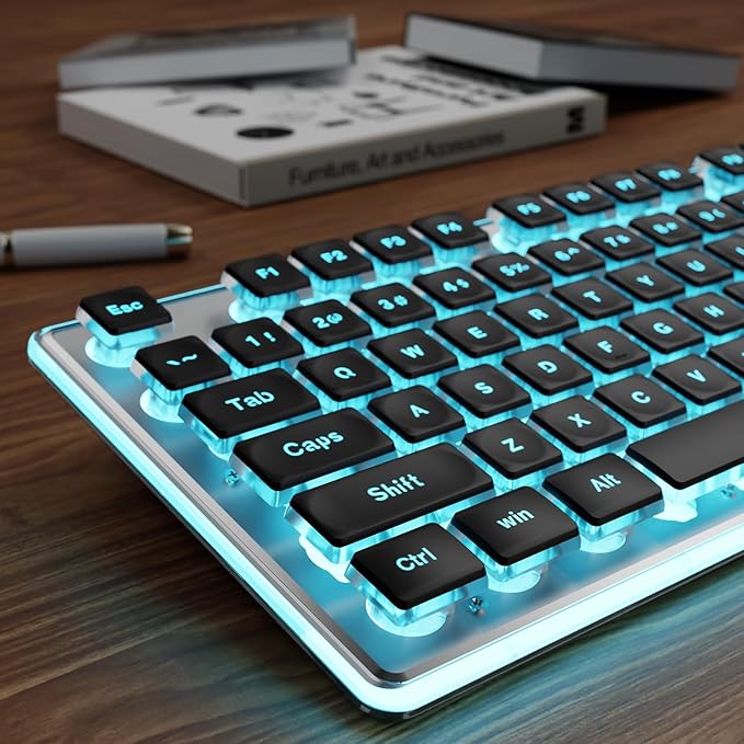 EWEADN GX710S Backlit Computer Keyboards Wired USB Keyboard with Blue Backlit Metal Panel Plug and Play Pudding Keycaps Full Size Quite Computer Keyboard for Win/PC/Laptop-Black