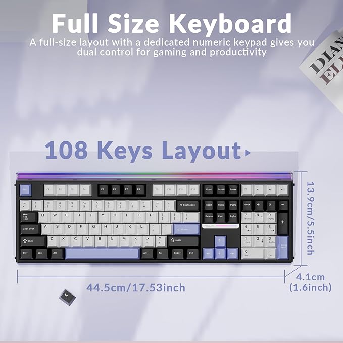 Aula H108 Wireless Mechanical Keyboard Hot Swappable Silent Keyboard Full Size Keyboard with Number Pad Gasket Structure RGB Backlit Computer Gaming Keyboard with PBT Keycaps for PC/Office