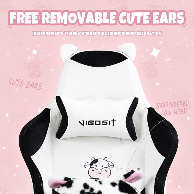 Cute Gaming Chair for Girl Ergonomic Cat Computer Chair with Armrests High Back Video Game Chairs with Footrest and Massage Lumbar Support for Teen &amp Woman Adjustable Height (Black+White)