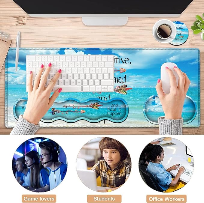 Ergonomic Keyboard Wrist Rest + Large Mouse Pad + Mouse Wrist Support Set Memory Foam Mouse Wrist Non-Slip Rubber Base for Easy Typing Extended Gaming Mousepads XXL Blue Sky Sea Desk Mat Decoration