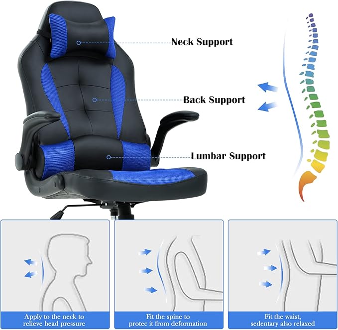 Gaming Chair Office Chair Computer Chair with Lumbar Support&amp Headrest Adjustable Ergonomic Swivel Task Executive Desk Chair High-Back Racing Style Leather Gaming Chair for Adults Blue