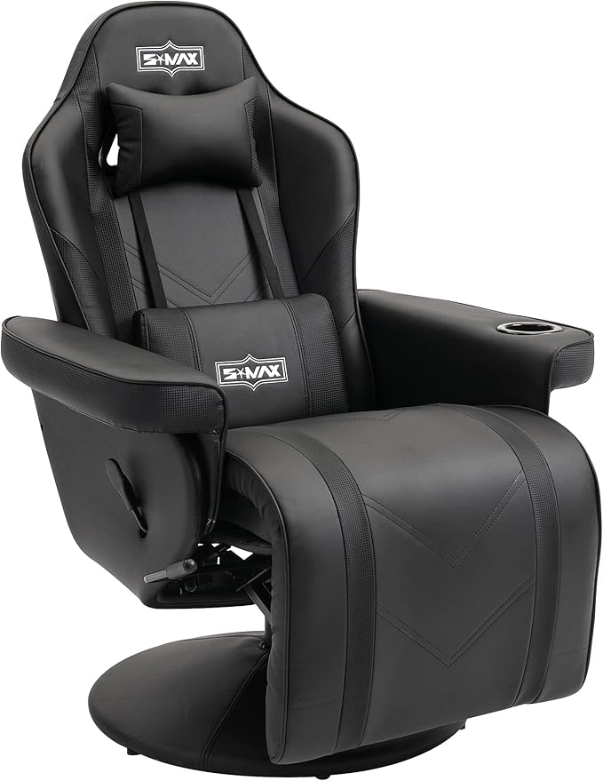 S*MAX Gaming Recliner Chair for Adults Racing Style Ergonomic High Back Swivel PU Leather Gaming Chair with Adjustable Backrest and Footrest Cup Holder Side Pouch Black
