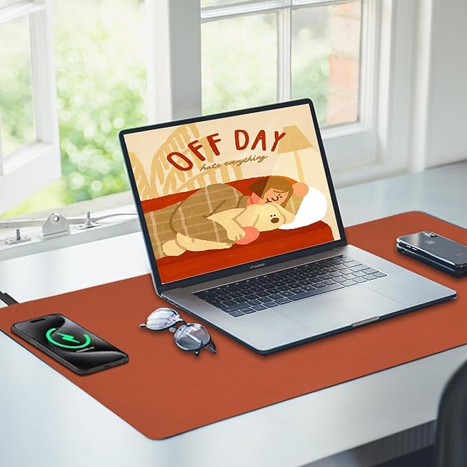 Desk Mat with Wireless Charging Brown Mouse Pad with Wireless Charger Desk Pad Matt for Desktop Mousepad Gaming Large Mouse Pad Leather Compute for Keyboard and Mouse 32 x 16