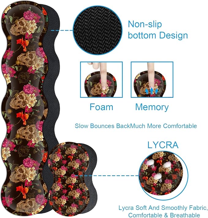 Black Mouse PadKeyboard Mouse Pad SetExtended Gaming Mouse Pad + Memory Foam Keyboard Wrist Rest Support Rose Flower Skull Office Desk Mat Writing Pad Easy Typing XXL Large Mousepad Desk Mat