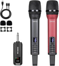 Dual Rechargeable Wireless Microphones Pro Handheld Cordless Mics System with Echo Treble BASS VOL Control for Karaoke Singing Church Party 1/4'' Output Grey&ampRed