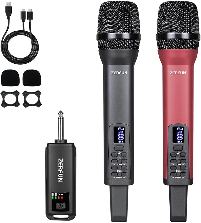 Dual Rechargeable Wireless Microphones Pro Handheld Cordless Mics System with Echo Treble BASS VOL Control for Karaoke Singing Church Party 1/4'' Output Grey&ampRed