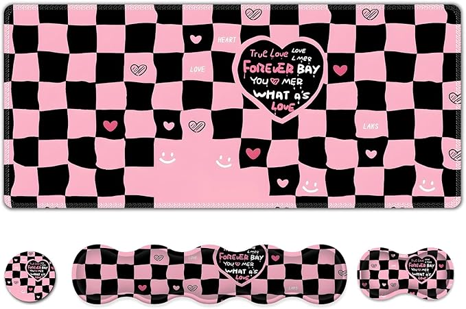 Desk Mat Gaming Mouse Pad Cute Desk Matt Keyboard Wrist Rest for Desktop Anti-Slip Big Mousepad Stitched Edges XXL Large Mouse Pad with Wrist Support for Home Office I Pink Black True Love