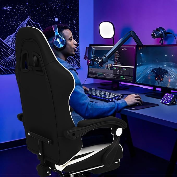 Gaming Chair Office Chair Reclining High-Back PU Leather Computer Desk Chair with Headrest and Lumbar Support suitable for gaming chairs office storage office shelving and more（Black+White）