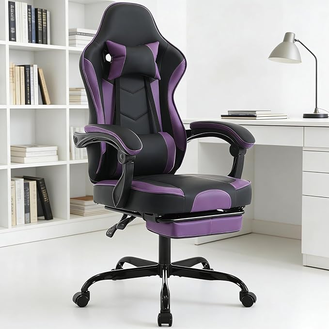 Gamer Chair Ergonomic Computer Chair Gaming Linked Armrests 300lb Capacity Heavy Duty Wide Seat Adjustable Recliner for Professional Players and Adults (Purple+Black)