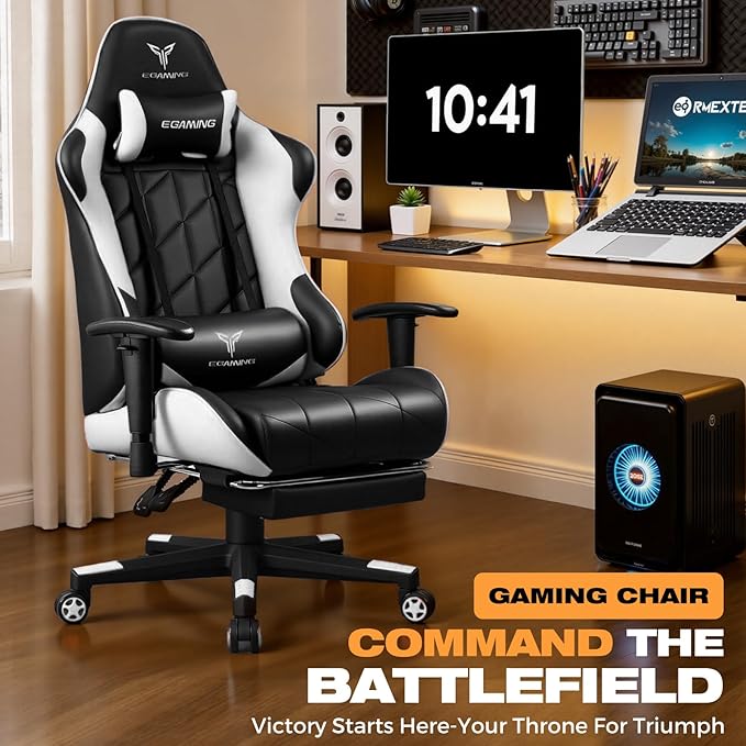 Gaming Chair with Footrest Ergonomic High-Back PU Leather Computer Chair with 3D Adjustable Armrests Headrest and Lumbar Support Office Desk Chair with Diamond Stitching for Adults &amp Teen