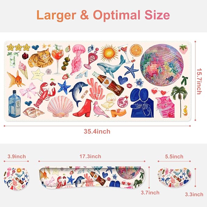 Large Gaming Mouse Pad Set 4 in 1 Ergonomics Keyboard Desk Mat with Memory Foam Wrist Rest Computer Extended Game Mousepad Non-Slip Desk Matt Easy Typing Pain Relief I Colorful Stickers