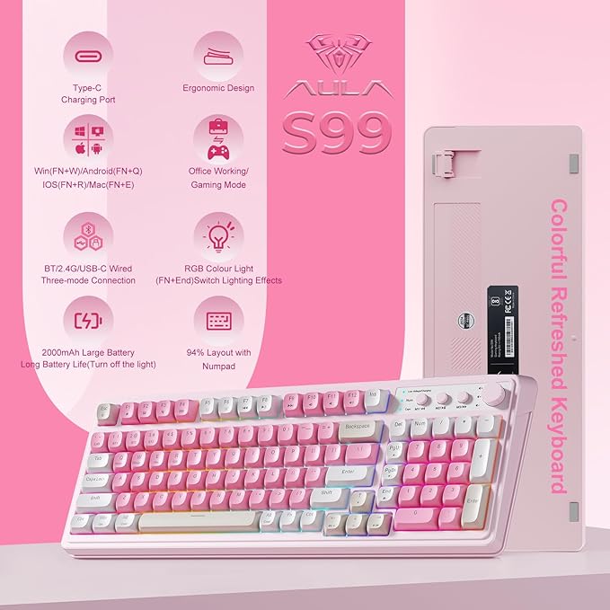 AULA 99 Key Keyboard Wireless Gaming Keyboard Bluetooth Computer Keyboards Creamy Cute with Number Pad RGB Backlit Tri-Mode BT/2.4GHz/USB-C - Pink
