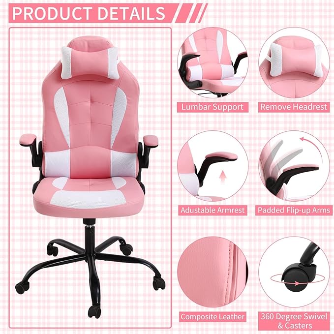 PC Gaming Chair Nice Cute Pink Chair Desk Chair Home Office Chair Swivel Rolling Adjustable Best Video Game Chair Lumbar Support Flip Up Arms Headrest Ergonomic Racing Heavy Duty Chair