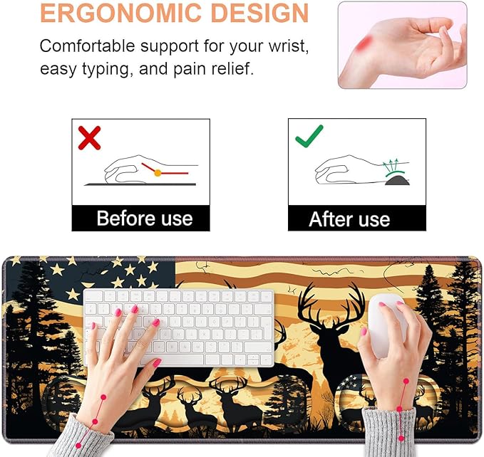 Ergonomic Keyboard Wrist Rest &amp Mouse Pad Wrist Rest Set Large XXL Gaming Desk Mat 31.5x 11.8 with Non-Slip Base Memory Foam Easy Typing Pain Relief for Home &amp Office American Flag Deer