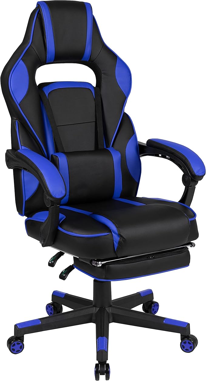 EMMA + OLIVER Black/Blue Ergonomic Gaming Chair -Recline Back/Arms Footrest Massaging Lumbar
