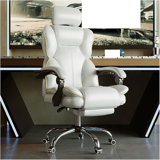Computer Chair Household Office Chair Gaming Backrest Stool Scroll Wheel Pedal Headrest Latex Leather Rotatable Lifting Chair (Color : White B)