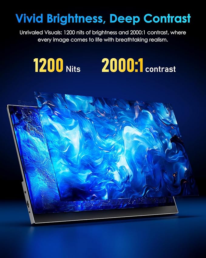 Yodoit 4K Portable Monitor for Laptop 1200nit 16 UHD 3840x2400 Travel Gaming Monitor Screen IPS Display with USB Type C Port and Dual Speakers Compatible with PC Xbox PS4/5 Black