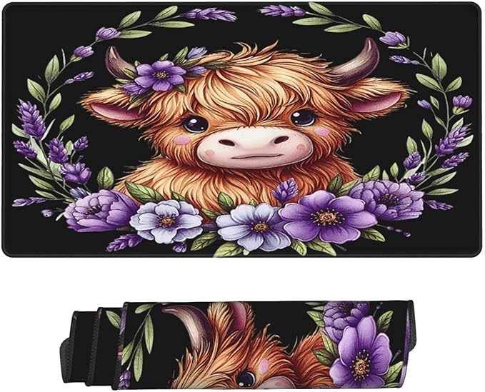 Cute Highland Cow Purple Floral Mouse Pad Non Slip Large Desk Keyboard Mat Gaming Protection Pad 16X29.5 Inch