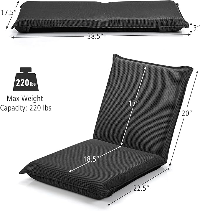 MAT EXPERT Adjustable Floor Chair 6-Position Mesh Floor Gaming Chair Folding Lazy Sofa Padded Lounger Recliner Cushioned Floor Chair with Back Support for Reading Meditating (Black)