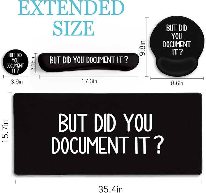 Black Mouse Pad Large Desk Mat Set Funny Mouse Pad with Wrist Rest Keyboard Wrist Support XXL Mousepad Cup Coaster Set Cute Office Desk Accessories Decor Supplies But Did You Document It
