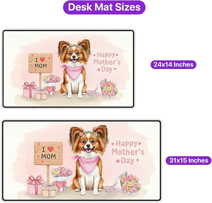 Happy Mother's Day Papillon Love Dog Mom Heart Flower Desk Mat Full Keyboard Mouse Pad Pap Butterfly Dog Lover Large Mousepad 12004