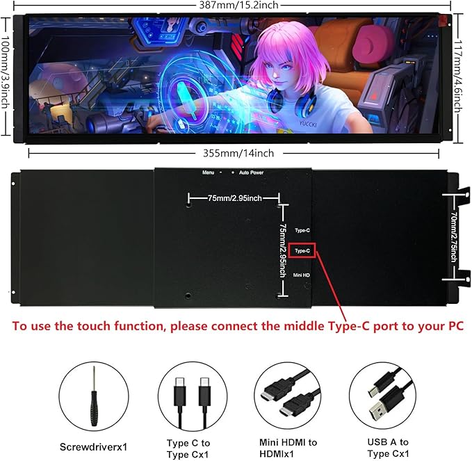 14.5 Inch LCD Touchscreen Monitor for Hyte Y70 2K 2560x720 IPS Display HDMI USB C for Windows Aida64 CPU GPU Temperature Monitoring