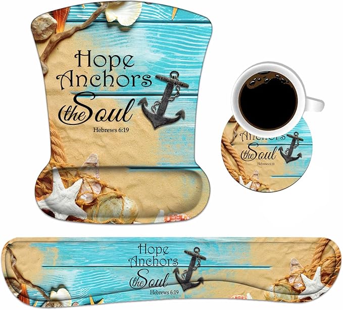 Keyboard Wrist Rest and Mouse Pad Wrist Support Set with Coasters Non-Slip PU Base Ergonomic Gaming Mousepad for Home Office Working Studying Easy Typing &amp Pain Relief Bible Verses Hebrews 6:19