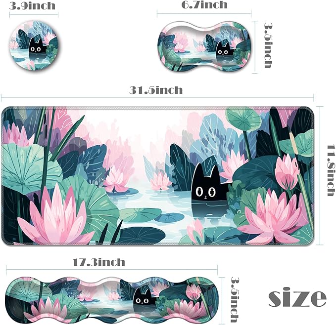 Ergonomic Keyboard Wrist Rest &amp Mouse Pad Wrist Rest SetXL Gaming Desk Mat 31.5x 11.8Non-Slip BaseMemory FoamEasy Typing Pain Relief for Office &amp HomeBlack Cat in Lotus Pond