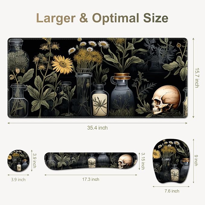 Large Mouse Pad with Wrist Support 4 in1 Set XXL Big Game Mousepad + Keyboard Wrist Rest+Mouse Wrist Rest+Coaster Gaming Mat for Home Office Computer I Black Academia Mystical Green Plant