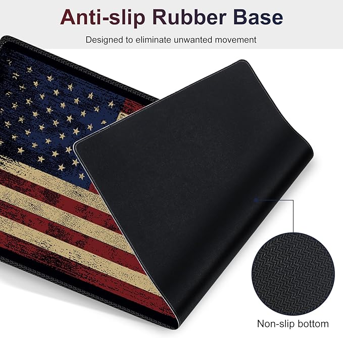 Desk Mat Pad Gaming Mouse Pad Wrist Support Set 4 in1 Non-Slip XXL Large Mousepad + Ergonomic Keyboard Wrist Rest+Mouse Wrist Rest+Coaster for Home Office PC Computer I Vintage American Flag