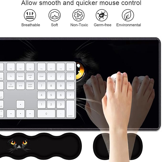 4 in 1 Ergonomic Keyboard Wrist Rest &amp Mouse Pad Wrist Rest Set Large XXL Gaming Desk Mat 31.5x 11.8 with Non-Slip Base Memory Foam for Home Office Study Gaming Black Cat Face