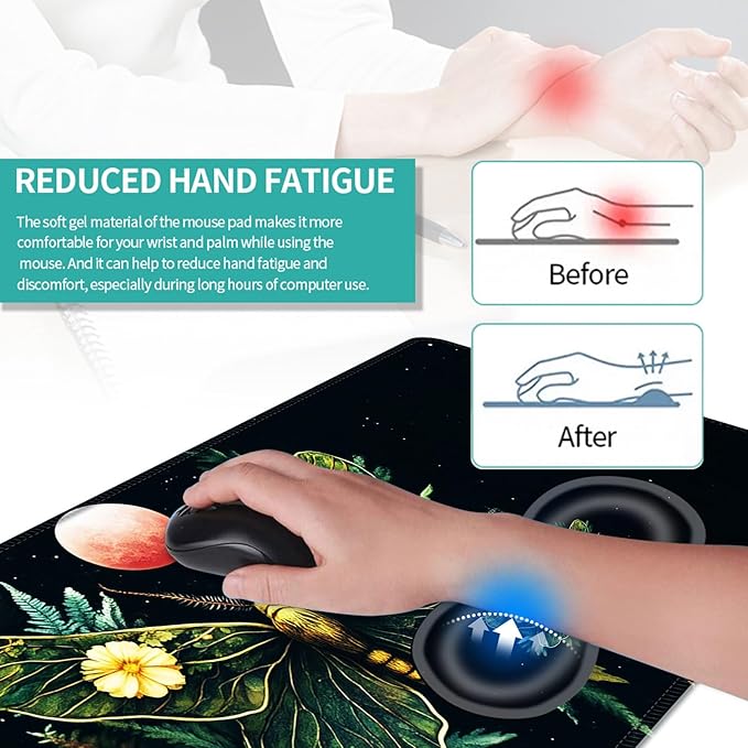 Keyboard Mouse Pad Set Extended Gaming Mouse Pad+Ergonomics Keyboard Wrist Rest Support Memory Foam Easy Typing Pain Relief 4Pcs XL Ultra Thick Desk MatFloral Moth Red Moon