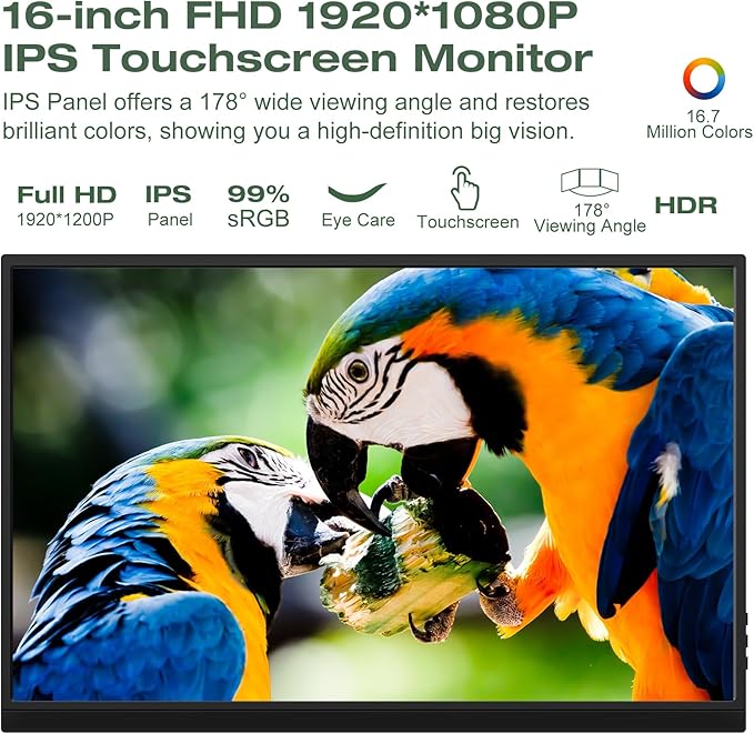 Portable Monitor Touchscreen 16 Inch FHD 1920x1200P HDMI USBC Travel Touch Screen Monitor IPS Display for PC Laptop Computer Ras Pi 300cd/㎡ Built-in Speakers