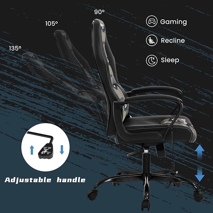 High-Back Racing Gaming Chair with Massage Lumbar Support - Ergonomic Adjustable Swivel - Black PU Leather - Perfect for Home Office or Gaming (Camo)