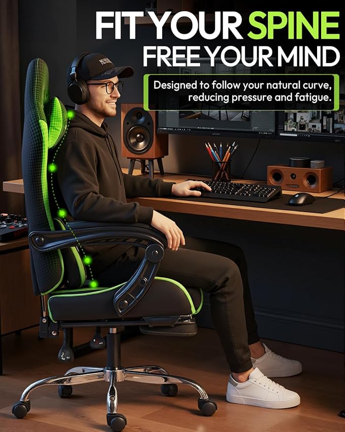 Dowinx Ergonomic Gaming Chair with Footrest &amp Massage Lumbar 2D-Linkage Armrests for Computer Chair 330lbs with Headrest Pillow for Office Home Streaming and Long Gaming Sessions Green