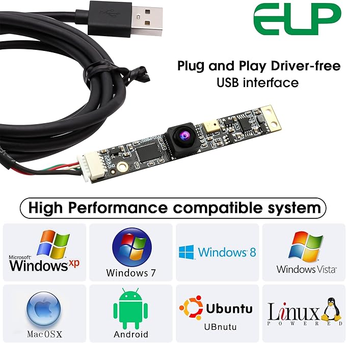 ELP 8mp USB Camera Module with Microphone 4K PC Camera for Computer 2448P Lightburn Camera for Laser Engraver Mini Strip Web Camera CCTV USB Security Camera for Raspberry Pi (102° no Distortion Lens)