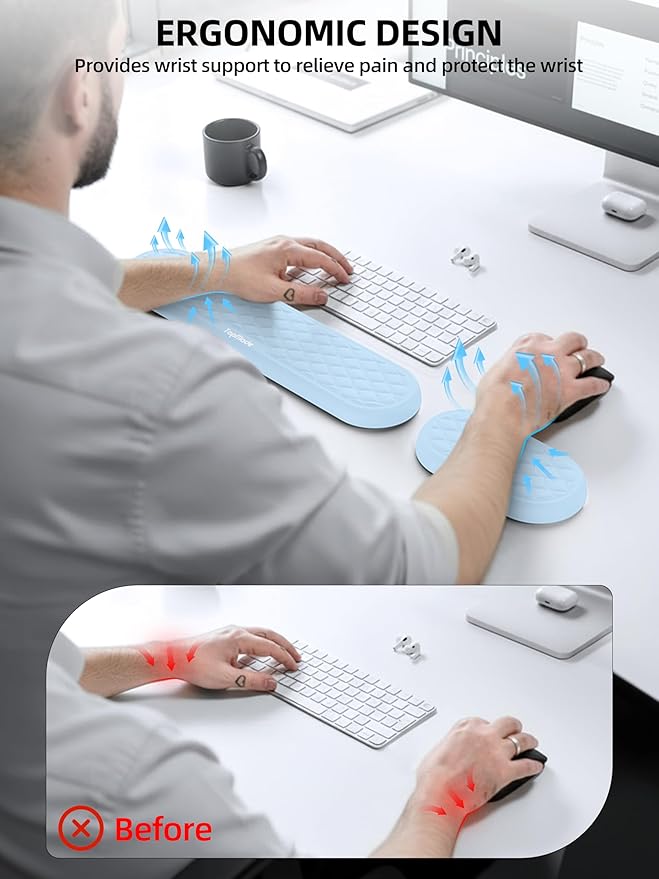 TopMade Upgraded Wider Wrist Rest Set Soft Memory Foam Keyboard Hand Rest Pad Computer Ergonomic Keyboard Mouse Wrist Support for Typing Pain Relief Comfort for Office Gaming Study White Ice