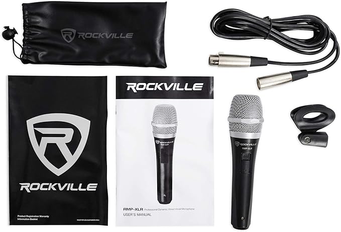 Rockville RMP-XLR Dynamic Super Cardioid Microphone 10ft XLR Cable Rugged Plastic Body Clear Sound M-06 Cartridge for Vocals and Instruments 3-Piece
