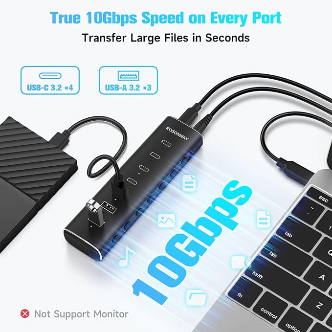 Rosonway 7 Ports Powered USB 3.2/USB C Hub 10Gbps with 4 USB-C 3.2 3 USB-A 3.2 Ports 3.3ft Cable and 36W(12V/3A) Power Adapter Aluminum USB Splitter for Laptop RSH-H7C4